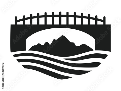 A silhouette icon featuring a bridge over a river with mountains in the background, representing connection, nature, and stability