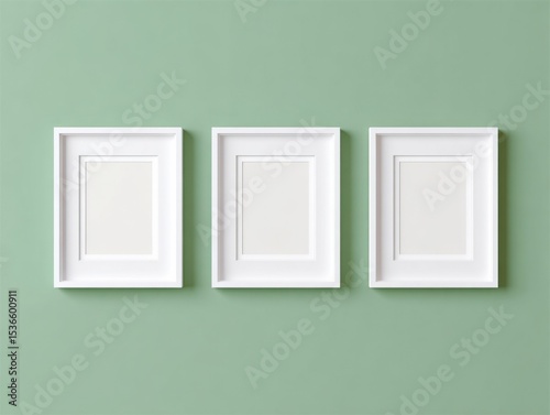 Three White Picture Frames on Green Wall  Ideal for Mockups and Showcasing Interior Design and Home Decor   Generative AI