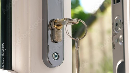Key in open door looking out onto garden