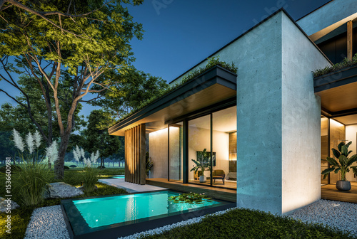 3d rendering of two-story house with parking and pool for sale or rent with concrete facade and beautiful landscaping. Clear summer night with many stars on the sky