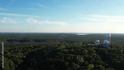 Aerial view of a forest leading to a distant city skyline under a clear sky