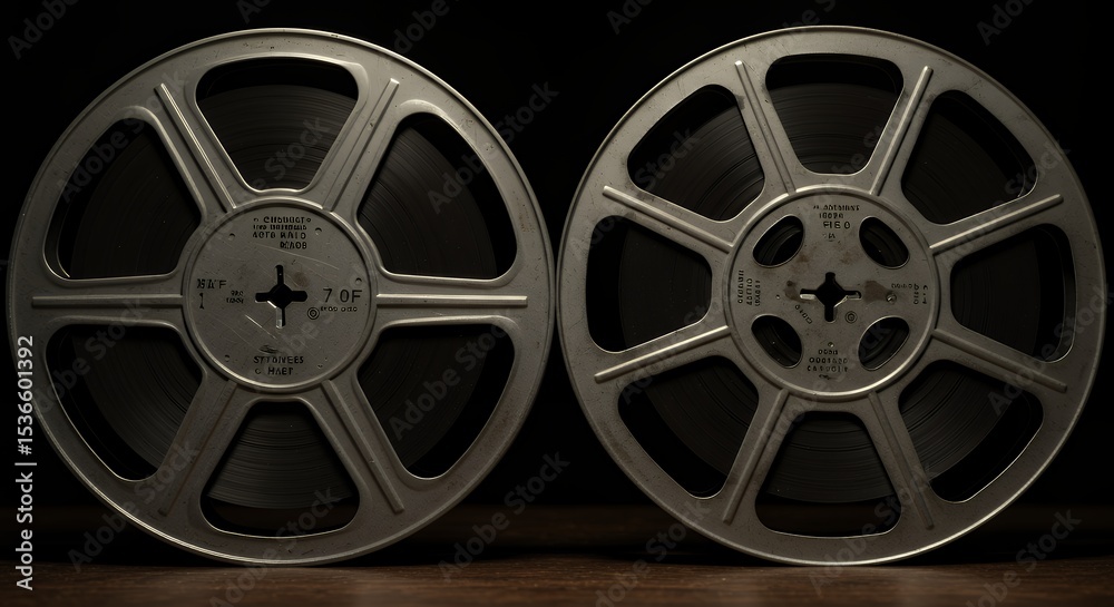 Obraz premium Pair of Vintage Film Reels on Wooden Surface Against Dark Backdrop