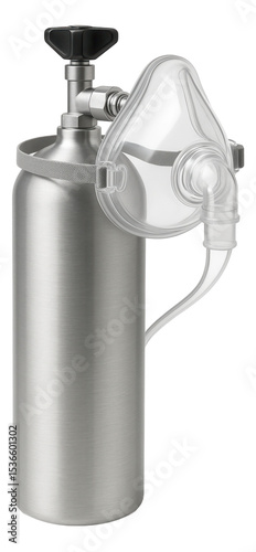 Stainless steel medical oxygen tank with clear breathing mask and adjustable straps on transparent background.