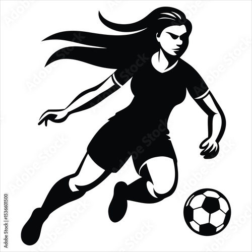 girls football silhouette, women football vector silhouette, Football vector, A vector silhouette of a girl playing football isolated on a white background