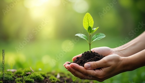 Hands holding small green plant with soil. Green leaves bud growing. Earth Day concept. Nature background. Environmental care. Conservation, eco-friendly. Spring, planet, life, growth,