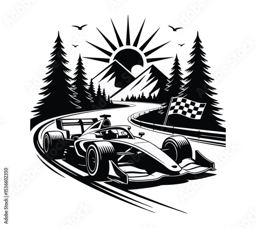 Grand Prix Adventure T-shirt Design, F1 Bolide in Wilderness Graphic On White Background
