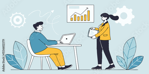 Businessman and woman working on laptops at an office desk, a vector illustration of people in a business setting