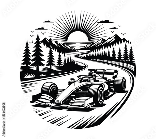 Grand Prix Adventure T-shirt Design, F1 Bolide in Wilderness Graphic On White Background
