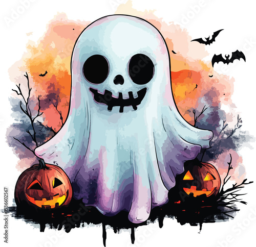 A spooky futuristic background with robotic ghosts, decorations