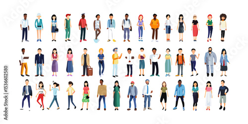Vector illustration of a diverse group of people, including business teams and walking families, in silhouette
