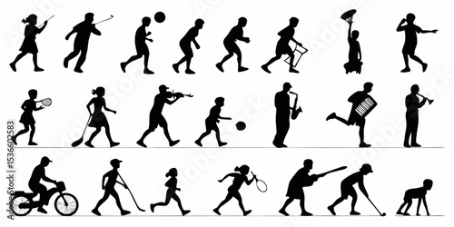 Dynamic vector silhouettes of people playing sports, including women, men, and children, illustrate various athletic poses like running, basketball, and football