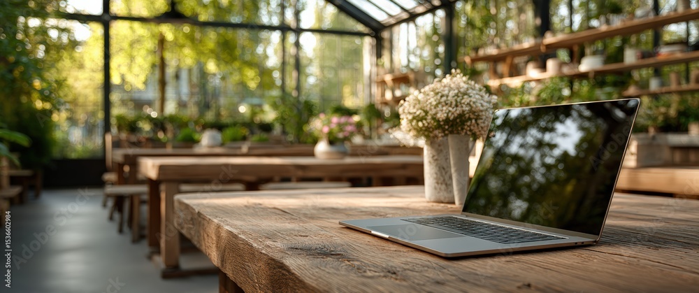 Fototapeta premium Open laptop computer placed on rustic wooden table in bright, airy greenhouse cafe, ideal workspace for remote worker seeking natural environment