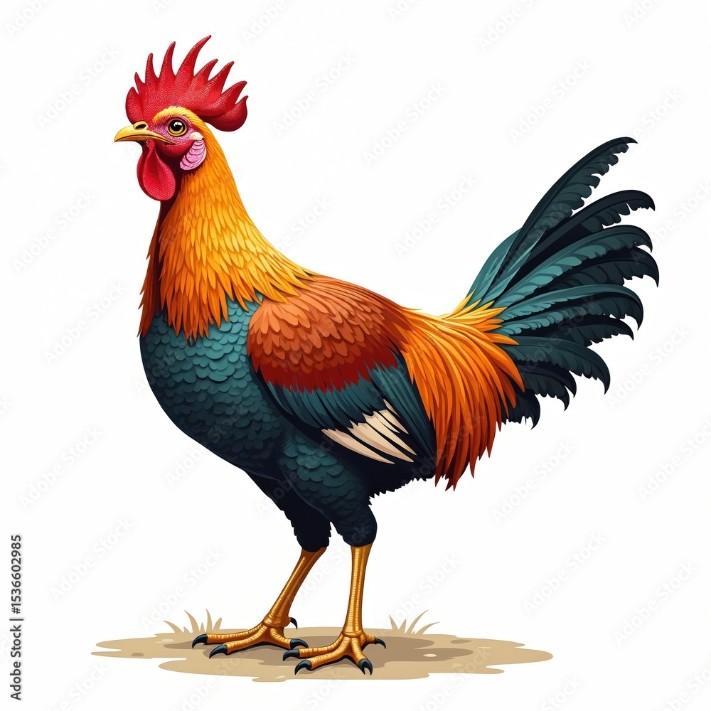 Fototapeta premium Vivid illustration Greater Prairie Chicken. Colorful rooster stands on white background. Detailed artwork of avian wildlife. Suitable for printing on posters postcards, t-shirts. Poultry farm,