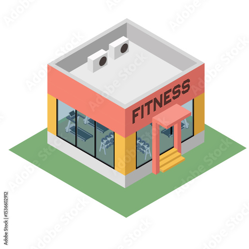 Isometric Fitness Gym Building Exterior with Equipment and Glass Windows