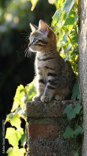 Adorable kitten perched on a brick wall, surrounded by greenery