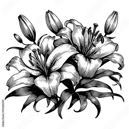 Lily Flower sketch engraving generative ai fictional character PNG illustration. Scratch board imitation. Black and white image.