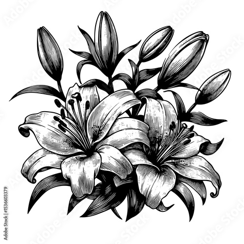 Lily Flower sketch engraving generative ai fictional character PNG illustration. Scratch board imitation. Black and white image.