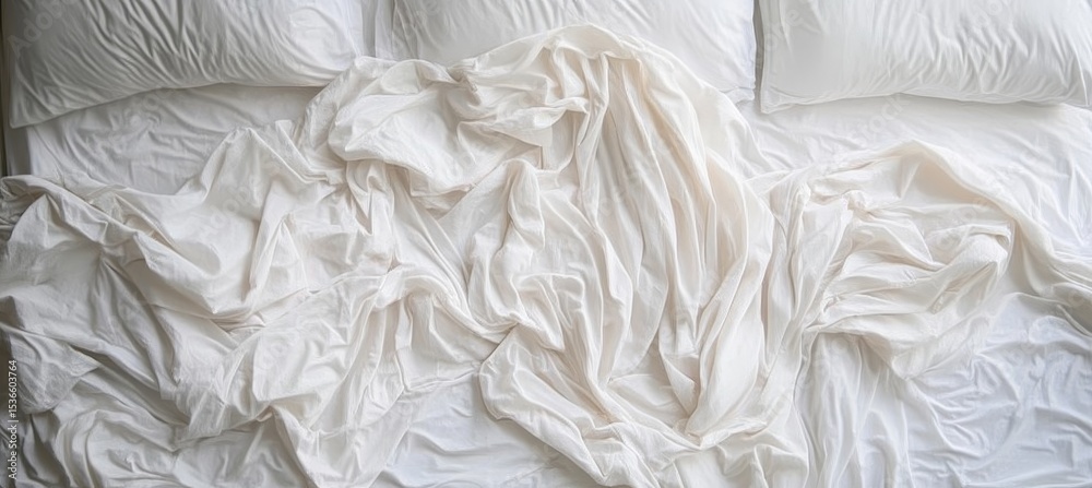 Obraz premium Cozy Bedroom Scene Featuring Untidy Bedding with Soft Pillows and Light Color Wrinkled Sheets