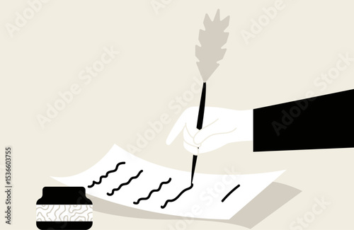 Hand writing with feather ink in paper illustration