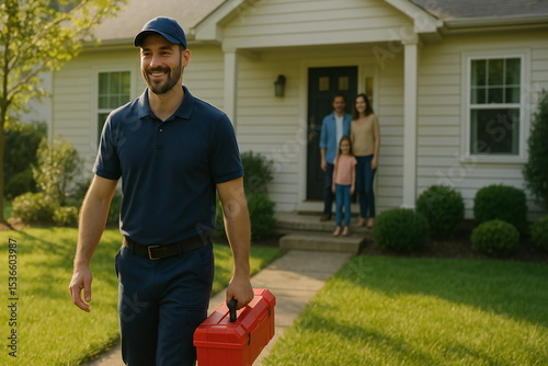 Friendly technician arrives with toolbox to assist family in their home improvement project