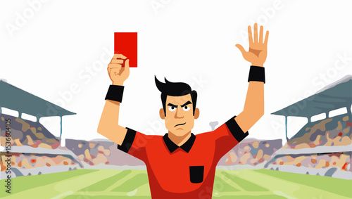 Soccer referee showing red card during match in full stadium. Vector scene of authority and sports rules