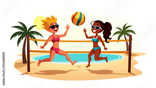 Women enjoying beach volleyball by the sea with sun and palm trees. Colorful summer sport illustration