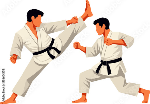 Two martial artists practicing karate in white uniforms with black belts, performing a kick and defense move. Vector illustration on white