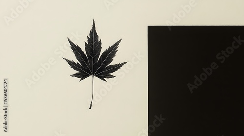 Elegant Black Maple Leaf on Beige and Black Background Minimalist Botanical Art