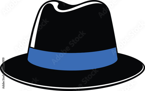 Fedora Hat Icon - Black Fedora Hat with Blue Band Silhouette Vector Illustration