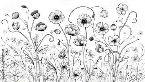 Black and white illustration of various flowers blooming with delicate stems and leaves.