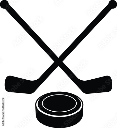 Hockey Sticks and Puck Icon - Crossed Hockey Sticks with Puck Silhouette Vector Illustration