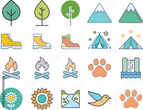 PrintNature & Outdoors Icon Set: Tree, Mountain, Hiking Boots, Tent, Campfire, Waterfall, Sunflower, River, Paw Print, Bird, Nature Icons, Outdoor Symbols