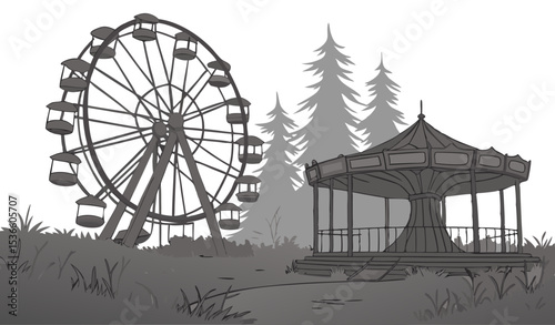 colorfull scene  Abandoned amusement park with Ferris wheel and carousel in a spooky forest landscape for Halloween. Horrifying dystopian atmosphere.  