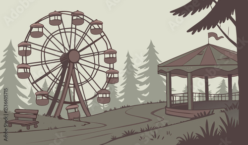 colorfull scene  Abandoned amusement park with Ferris wheel and carousel in a spooky forest landscape for Halloween. Horrifying dystopian atmosphere.  