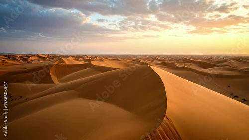 Wallpaper Mural Serene desert landscape featuring undulating sand dunes under a soft, dramatic sky at sunrise with warm, golden light illuminating the scene Torontodigital.ca