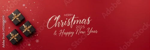 Christmas themed backgrounds and banners with simple and premium designs,Red Christmas background with black Christmas gifts tied with red ribbon,Merry Christmas 2025 and Happy New Year Greetings
