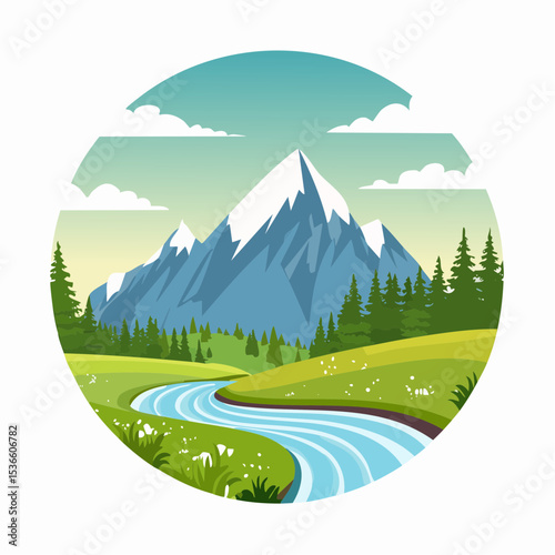 Alpine meadows and beautiful mountains, forests and river, vector illustration