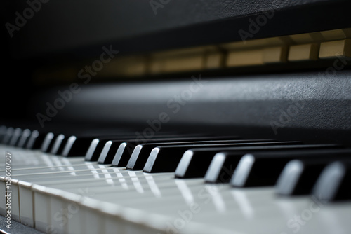 Close-up of piano keys with artistic lighting and shallow focus