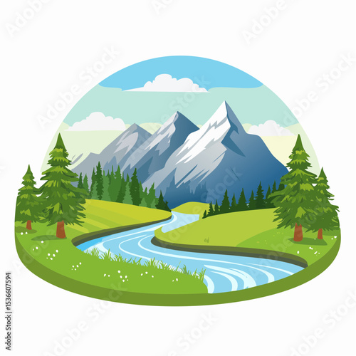 Alpine meadows and beautiful mountains, forests and river, vector illustration