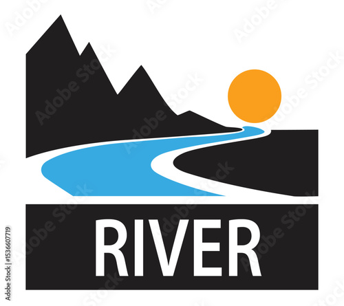 A graphic illustration featuring a winding blue river flowing from a bright orange sun, framed by dark mountain silhouettes and a "river" text banner