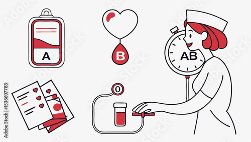 Line Art Set Icon Elderly Healthcare Blood Test Nurse Blood Bag Blood Types Medical Chart Stethoscope
