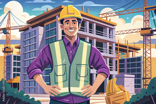 construction worker proudly observing building progress on site, wearing safety gear. Ideal for themes of development, teamwork, labor pride, and industrial success visuals