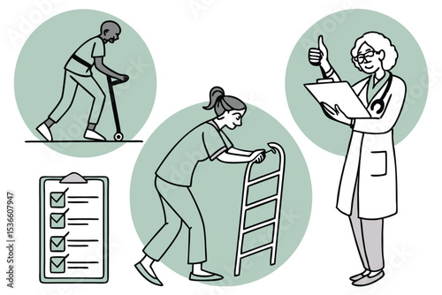 Line Art Set Icon Doctor Patient Interaction Mobility Scooter Walker Medical Checkup Clipboard Thumbs Up