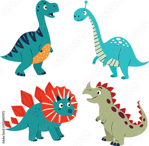 Whimsical Dinosaur Quartet A vibrant quartet of cartoon dinosaurs, each with a unique personality and style, inviting you to embark on an adventure into the prehistoric world.&#x20;