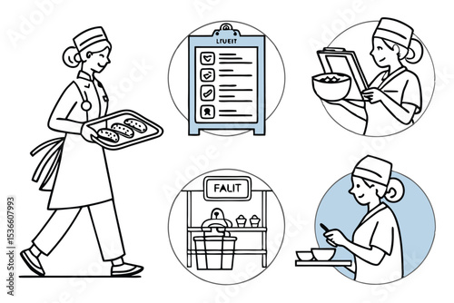 Minimalist Line Art Icon Set Hospital Staff Nurses Food Service Tray Clipboard Menu Food Preparation Serving Bowls