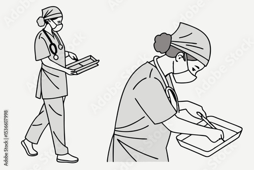 Minimalist Line Art Icon Set Two Nurses Grey Uniforms Medical Tray Stethoscope Masks Healthcare Workers