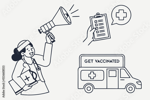 Line Art Icon Set Nurse with Megaphone Vaccination Announcement Medical Checklist and Mobile Clinic