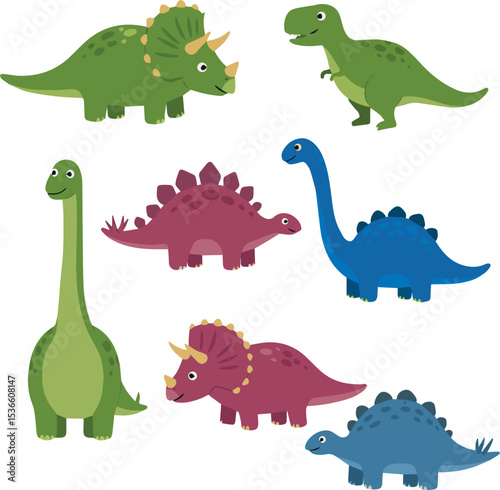 Cute Dinosaur Collection A delightful collection of cartoon dinosaurs in various colors and poses, perfect for children's illustrations or educational materials.
