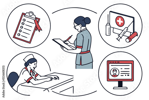 Line Art Set Icon Critical Care Nurses Workflow Chart Clipboard Computer Patient Records Syringe Medical Equipment