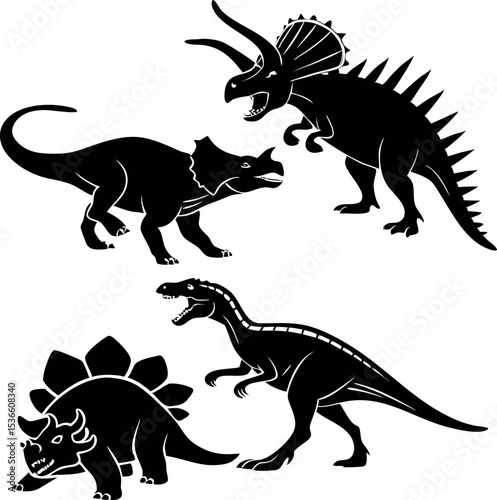 Dinosaur Silhouettes A set of four classic dinosaur silhouettes Triceratops, Stegosaurus, and two variations of Tyrannosaurus Rex perfect for educational materials or creative projects. 